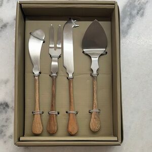 Wood-Handle Stainless Steel Cheese Serving Set - Natural Brown